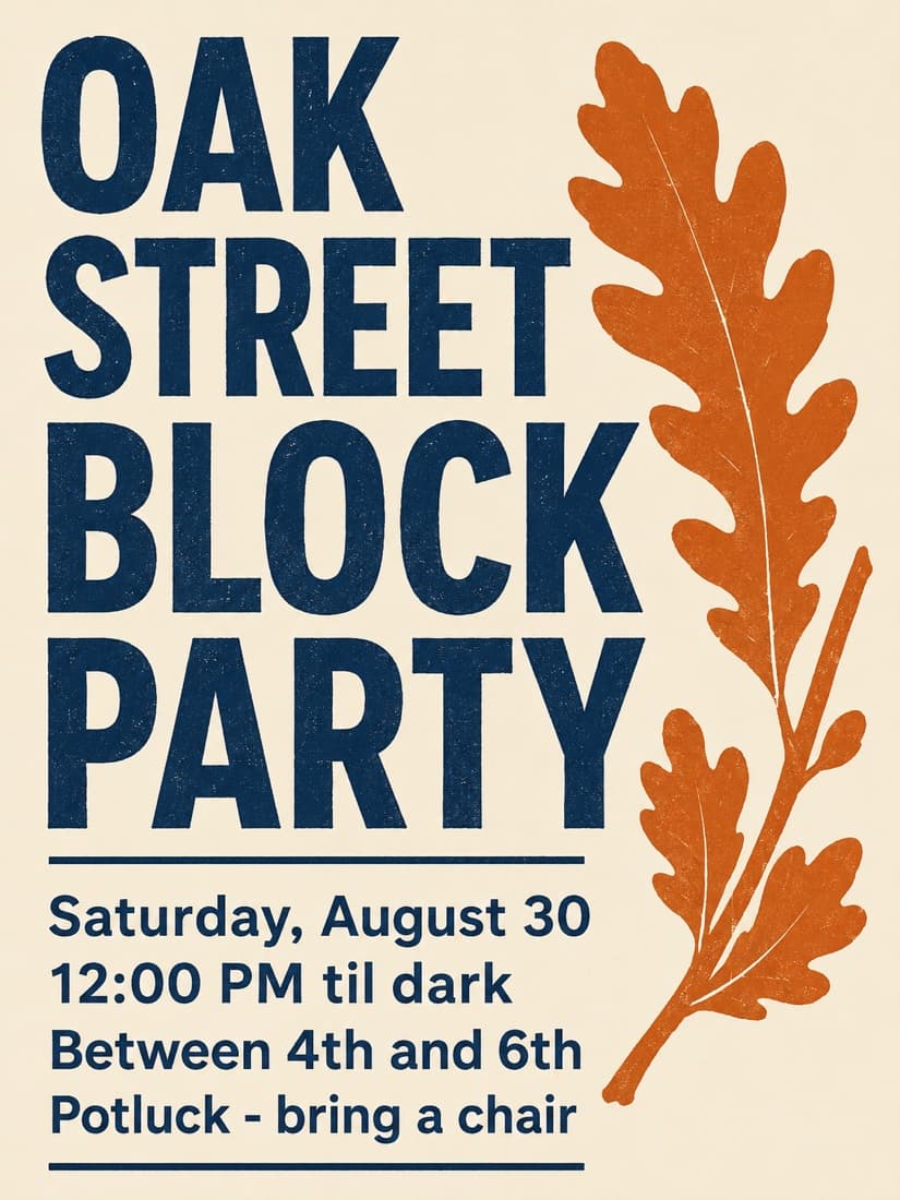 A clean block party flyer with no AI-generated look