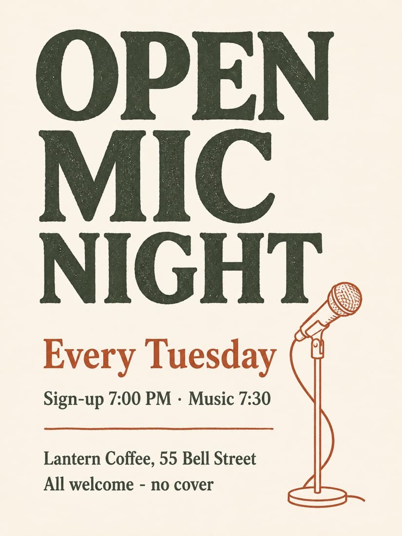 A clean open mic flyer with no AI-generated look