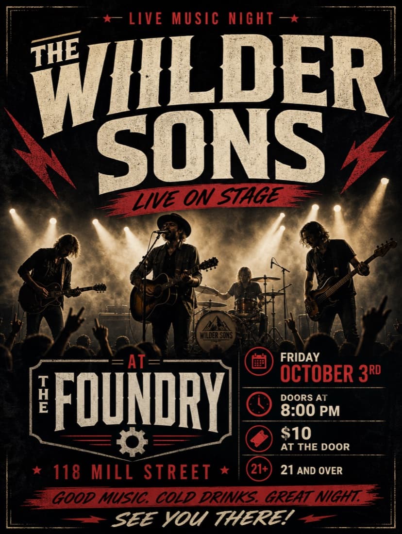 Flyer from an ordinary prompt: dark distressed background, fake band photo, icon boxes, invented taglines